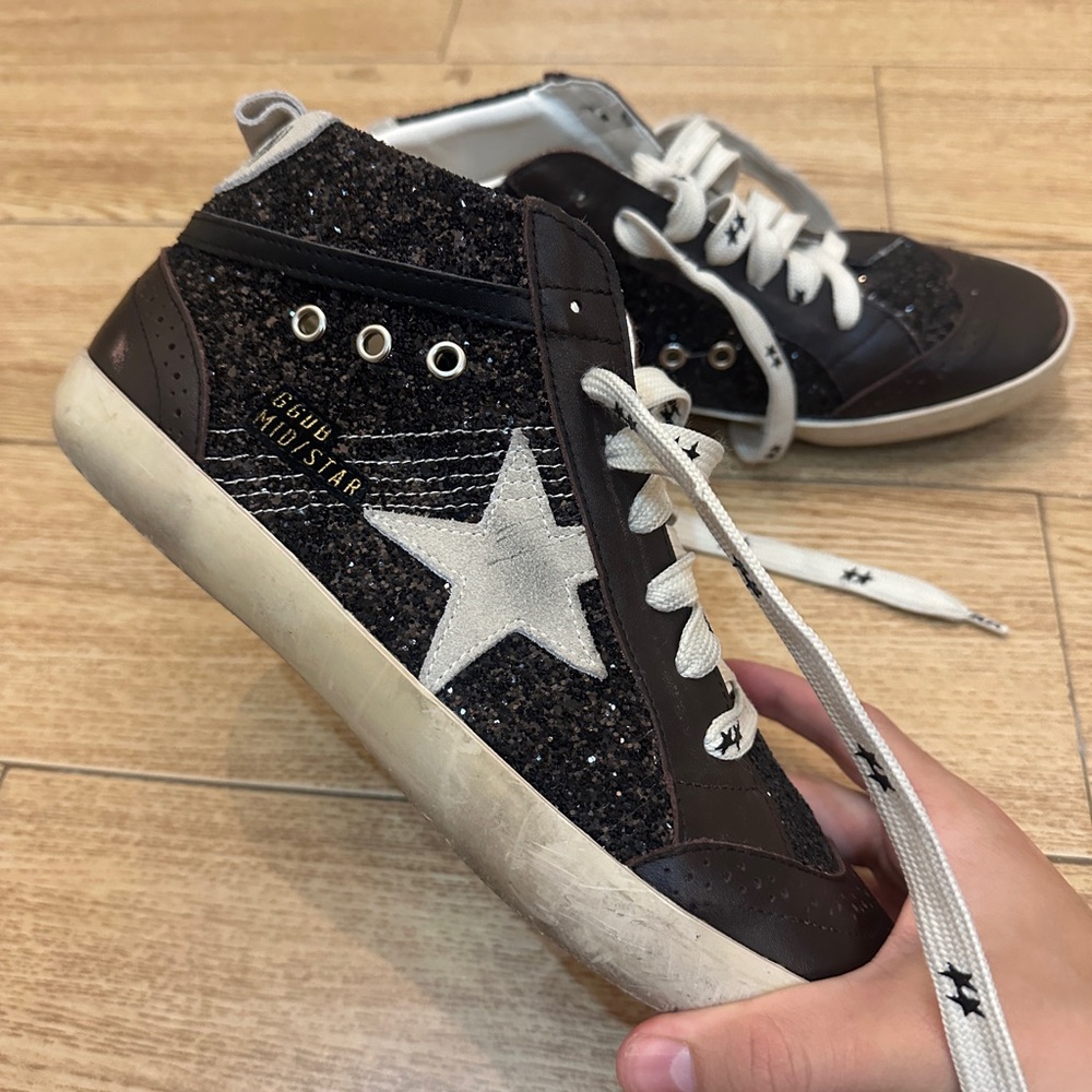 Golden Goose Mid Star Sneakers Black Glitter Size 11 / 44 LIKE NEW